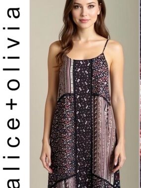 Alice + Olivia Black Patchwork Floral High-Low Slip Dress